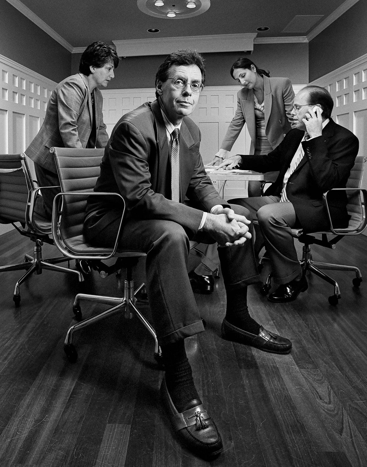 A working meeting, in black and white